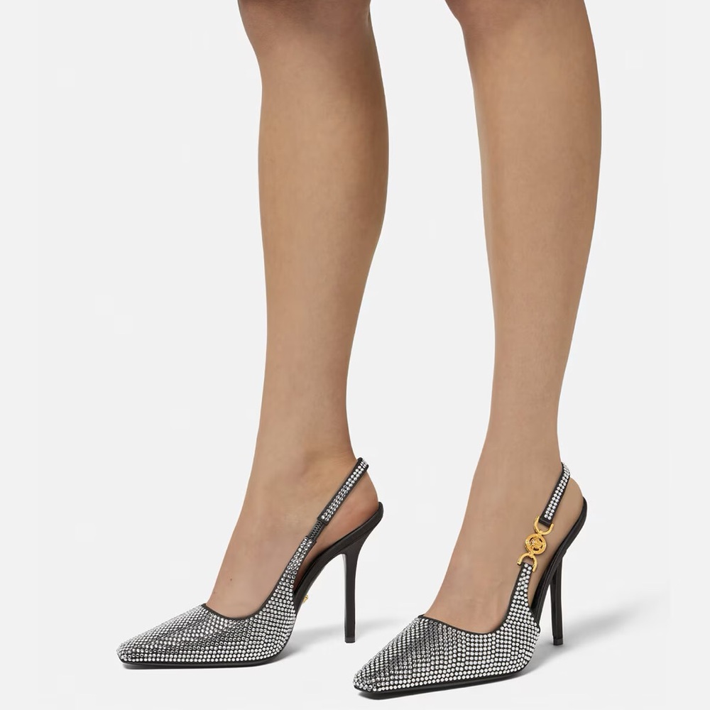 NIB VERSACE Medusa Crystal Embellished '95 Black Satin Slingback Pumps sz 39.5 - Picture 3 of 17